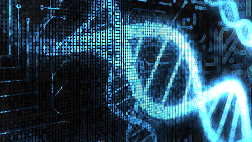 DNA Helix auf einem Bildschrim dargestellt. Türkis mit schwarzem Hintergrund.