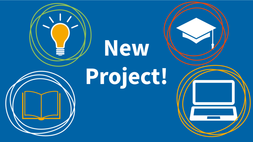text "New Project!" surrounded by illustrations of a lightbulb, a graduation cap, an open book and an open laptop