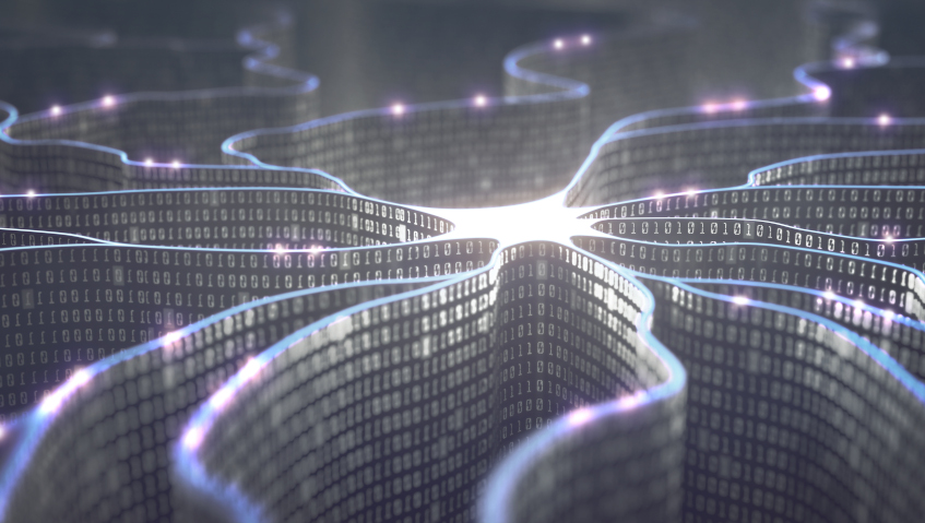 © iStock.com/ktsimage Beleuchtete Wände, auf denen Binärcode abgebildet ist, formen die Struktur eine Nervenzelle.